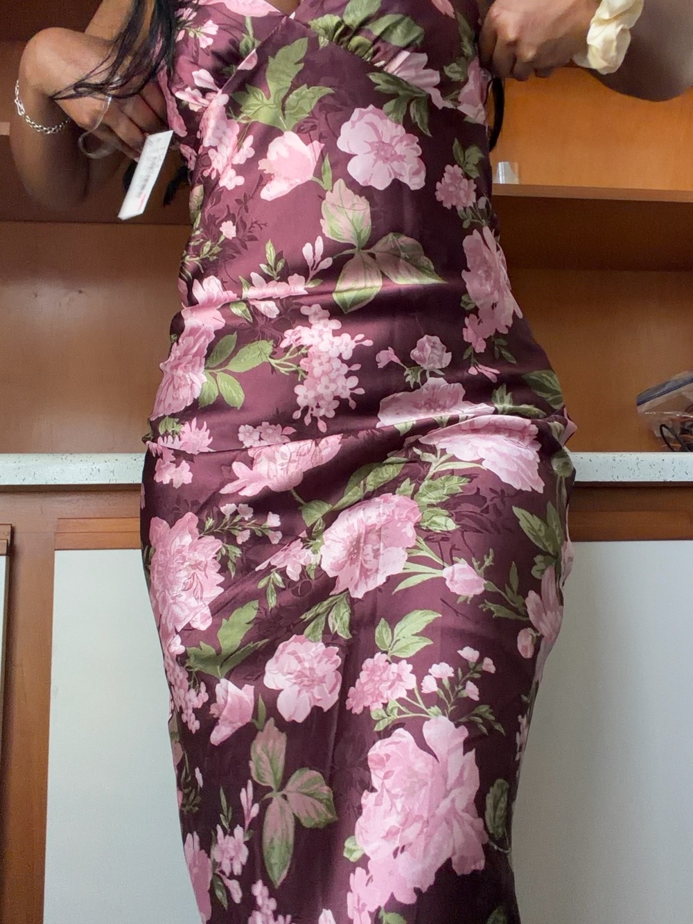 Fall Floral Satin Slip Dress in Burgundy and Pink